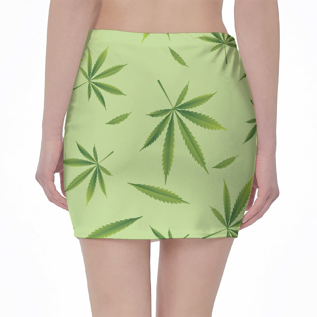 Green Hemp Leaves Pattern Print Pencil Mini Skirt
