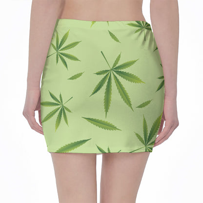 Green Hemp Leaves Pattern Print Pencil Mini Skirt