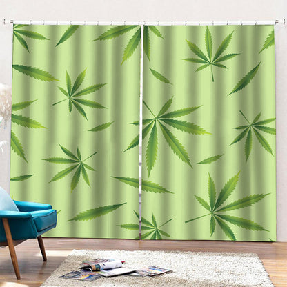Green Hemp Leaves Pattern Print Pencil Pleat Curtains
