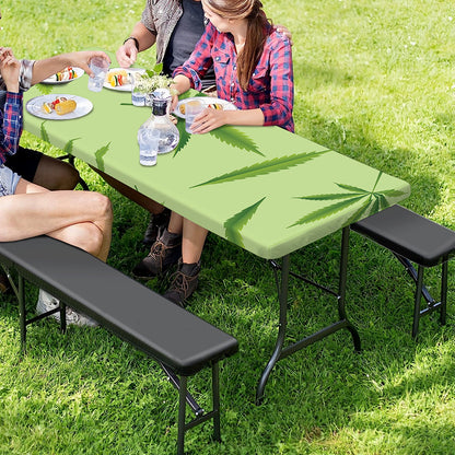 Green Hemp Leaves Pattern Print Picnic Table Cover