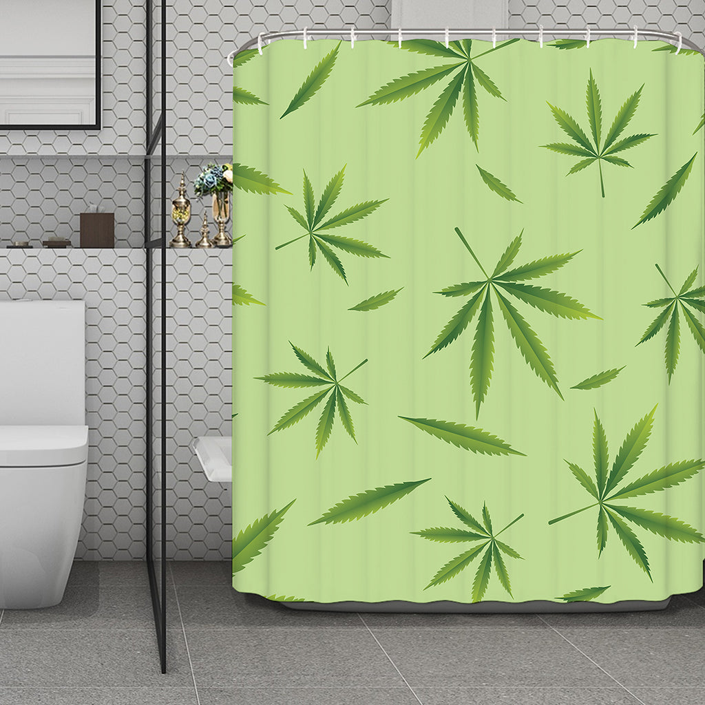 Green Hemp Leaves Pattern Print Polyester Shower Curtain