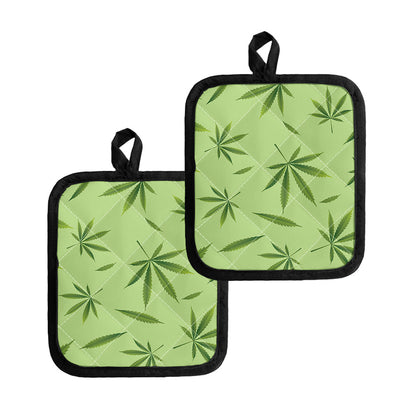 Green Hemp Leaves Pattern Print Pot Holders