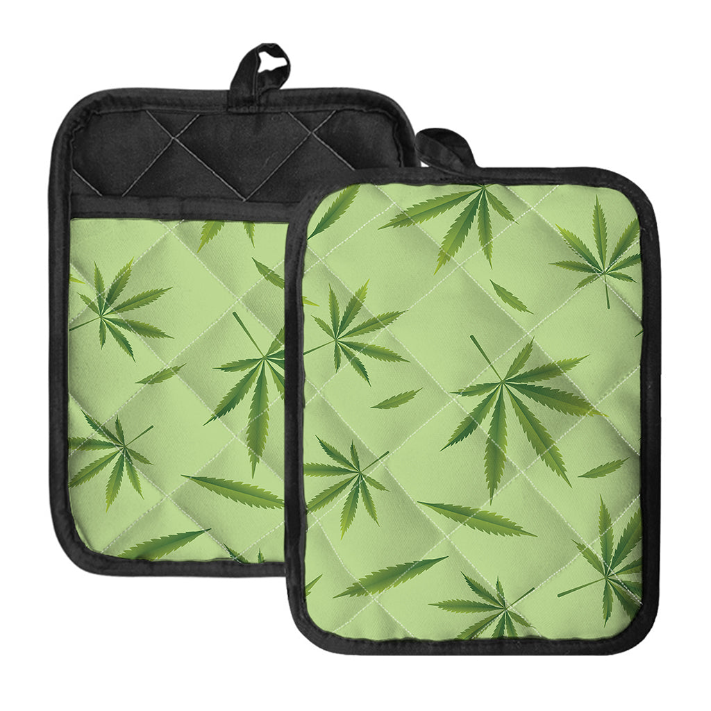 Green Hemp Leaves Pattern Print Pot Holders With Pocket