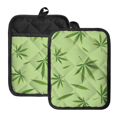 Green Hemp Leaves Pattern Print Pot Holders With Pocket