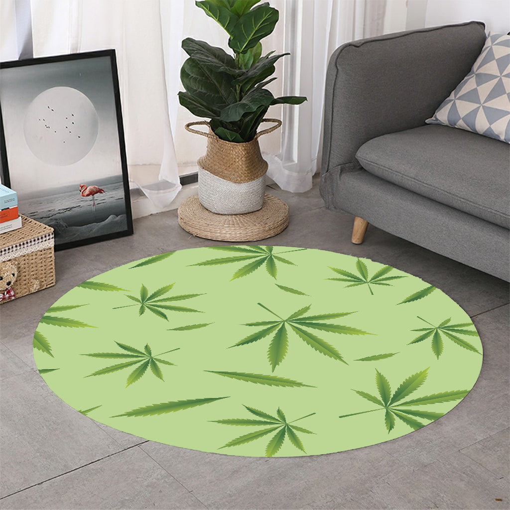 Green Hemp Leaves Pattern Print Round Rug