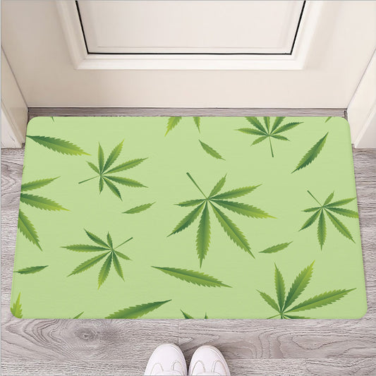 Green Hemp Leaves Pattern Print Rubber Doormat
