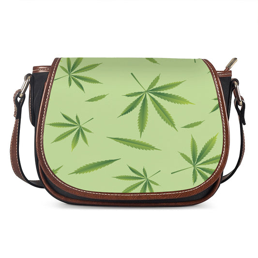 Green Hemp Leaves Pattern Print Saddle Bag