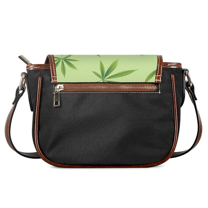 Green Hemp Leaves Pattern Print Saddle Bag