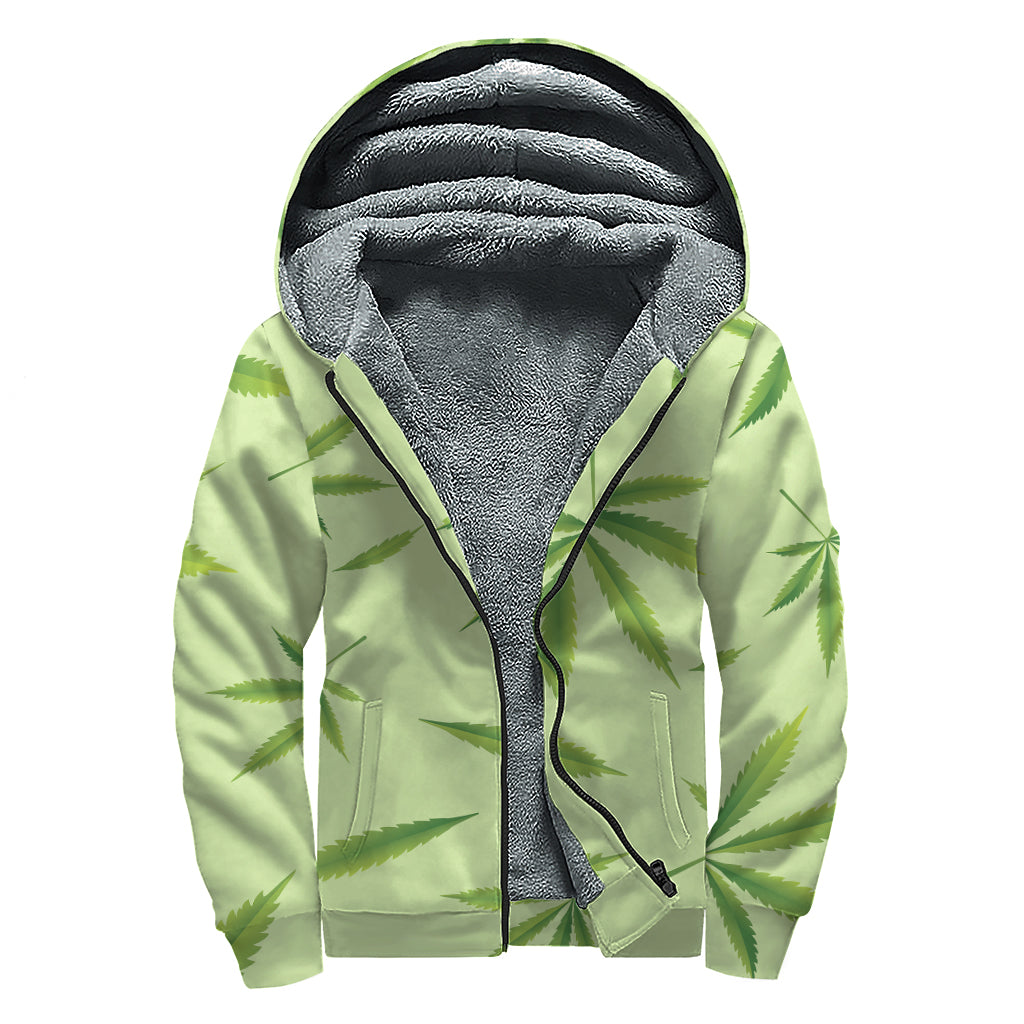 Green Hemp Leaves Pattern Print Sherpa Lined Zip Up Hoodie