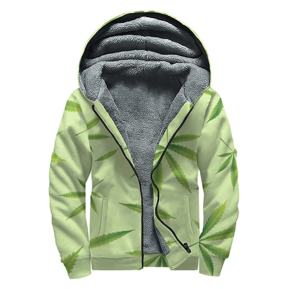 Green Hemp Leaves Pattern Print Sherpa Lined Zip Up Hoodie