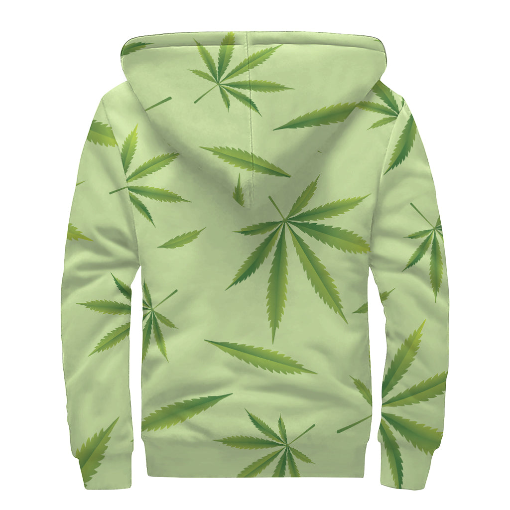 Green Hemp Leaves Pattern Print Sherpa Lined Zip Up Hoodie
