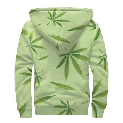 Green Hemp Leaves Pattern Print Sherpa Lined Zip Up Hoodie