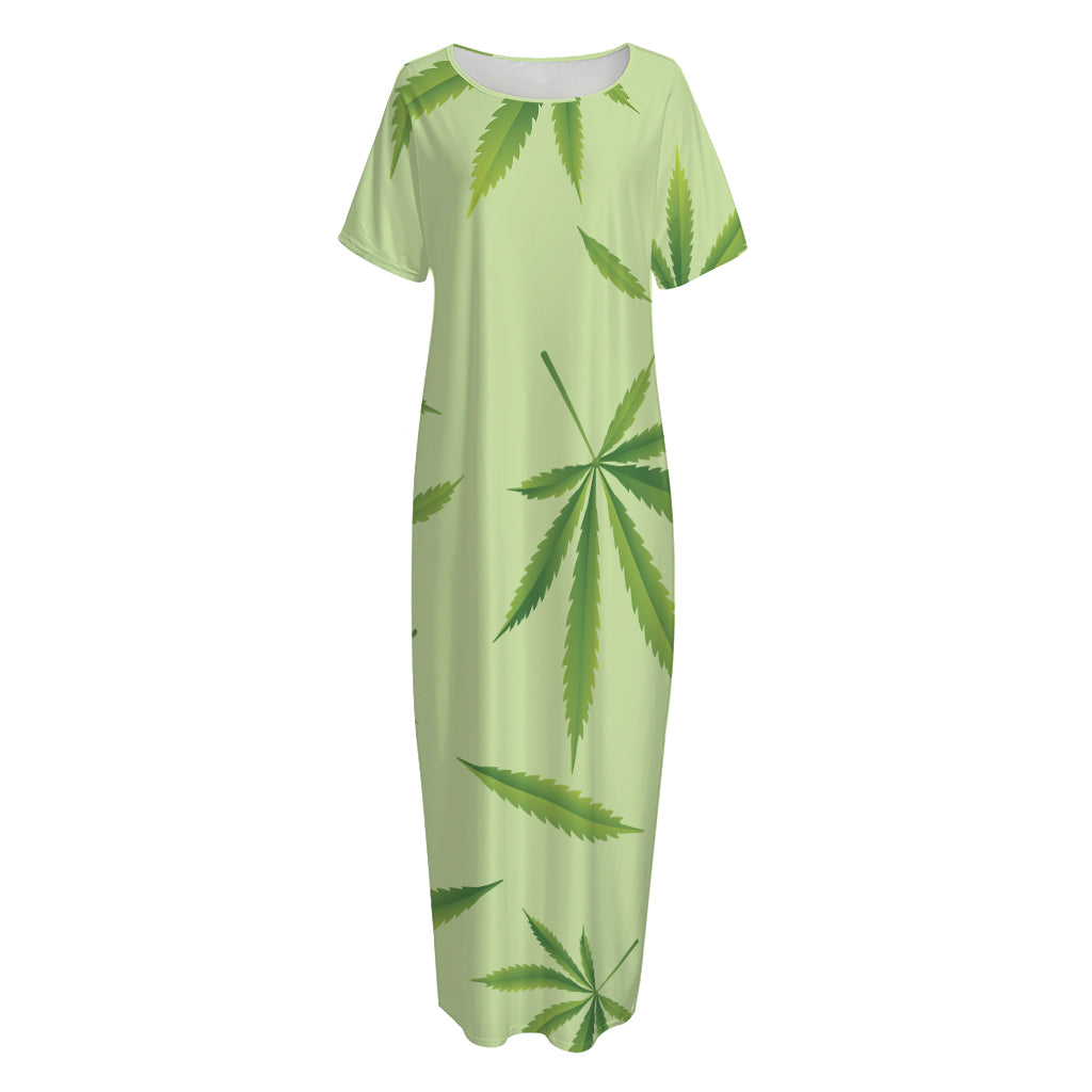 Green Hemp Leaves Pattern Print Short Sleeve Long Nightdress