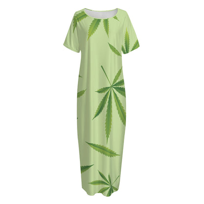 Green Hemp Leaves Pattern Print Short Sleeve Long Nightdress