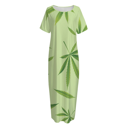 Green Hemp Leaves Pattern Print Short Sleeve Long Nightdress