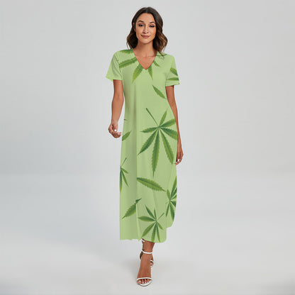 Green Hemp Leaves Pattern Print Short Sleeve Maxi Dress