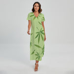 Green Hemp Leaves Pattern Print Short Sleeve Maxi Dress