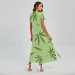 Green Hemp Leaves Pattern Print Short Sleeve Maxi Dress