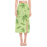 Green Hemp Leaves Pattern Print Side Slit Midi Skirt