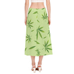 Green Hemp Leaves Pattern Print Side Slit Midi Skirt