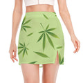 Green Hemp Leaves Pattern Print Side Slit Mini Skirt