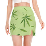 Green Hemp Leaves Pattern Print Side Slit Mini Skirt