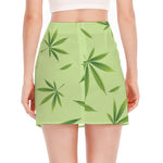 Green Hemp Leaves Pattern Print Side Slit Mini Skirt