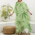 Green Hemp Leaves Pattern Print Silk V-Neck Kaftan Dress