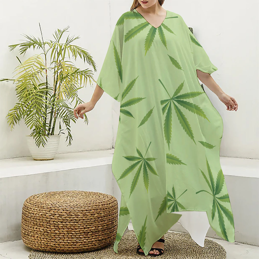 Green Hemp Leaves Pattern Print Silk V-Neck Kaftan Dress