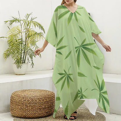 Green Hemp Leaves Pattern Print Silk V-Neck Kaftan Dress
