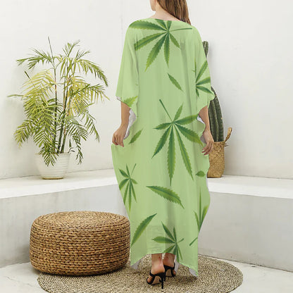 Green Hemp Leaves Pattern Print Silk V-Neck Kaftan Dress