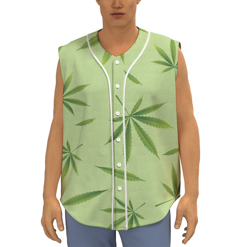 Green Hemp Leaves Pattern Print Sleeveless Baseball Jersey