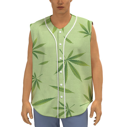 Green Hemp Leaves Pattern Print Sleeveless Baseball Jersey