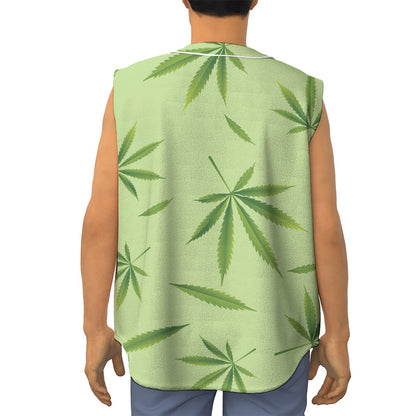 Green Hemp Leaves Pattern Print Sleeveless Baseball Jersey