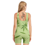 Green Hemp Leaves Pattern Print Sleeveless One Piece Swimsuit