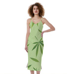 Green Hemp Leaves Pattern Print Slim Fit Midi Cami Dress