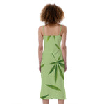 Green Hemp Leaves Pattern Print Slim Fit Midi Cami Dress
