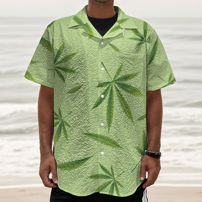 Green Hemp Leaves Pattern Print Textured Short Sleeve Shirt