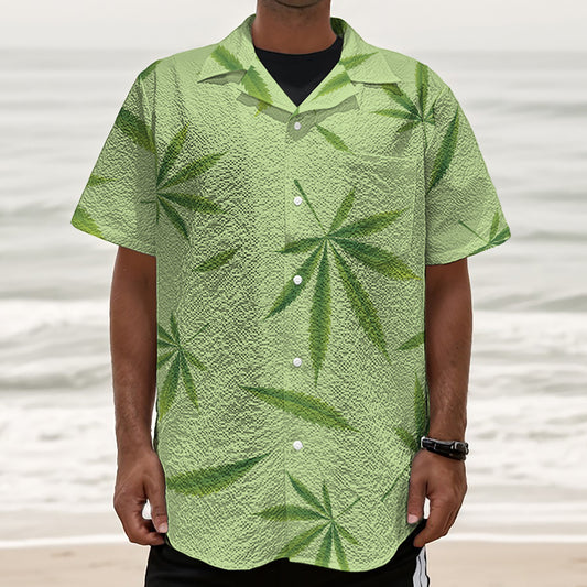 Green Hemp Leaves Pattern Print Textured Short Sleeve Shirt