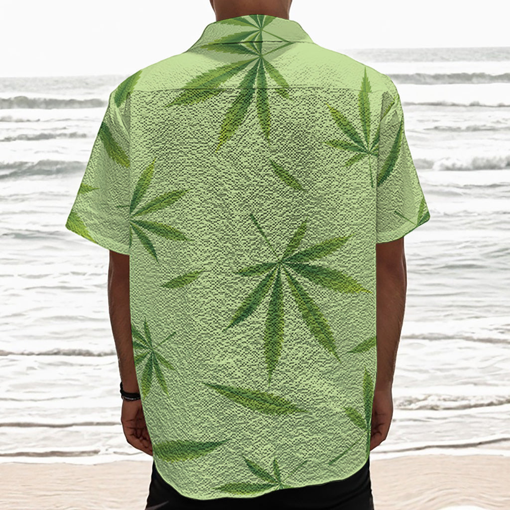 Green Hemp Leaves Pattern Print Textured Short Sleeve Shirt