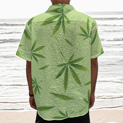 Green Hemp Leaves Pattern Print Textured Short Sleeve Shirt
