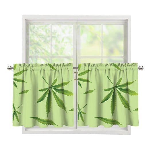 Green Hemp Leaves Pattern Print Tier Curtains