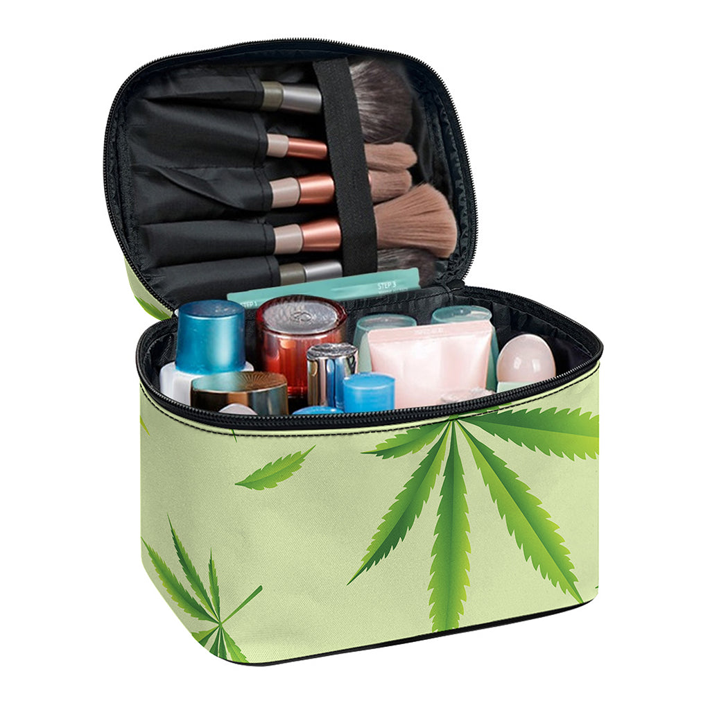 Green Hemp Leaves Pattern Print Travel Makeup Bag