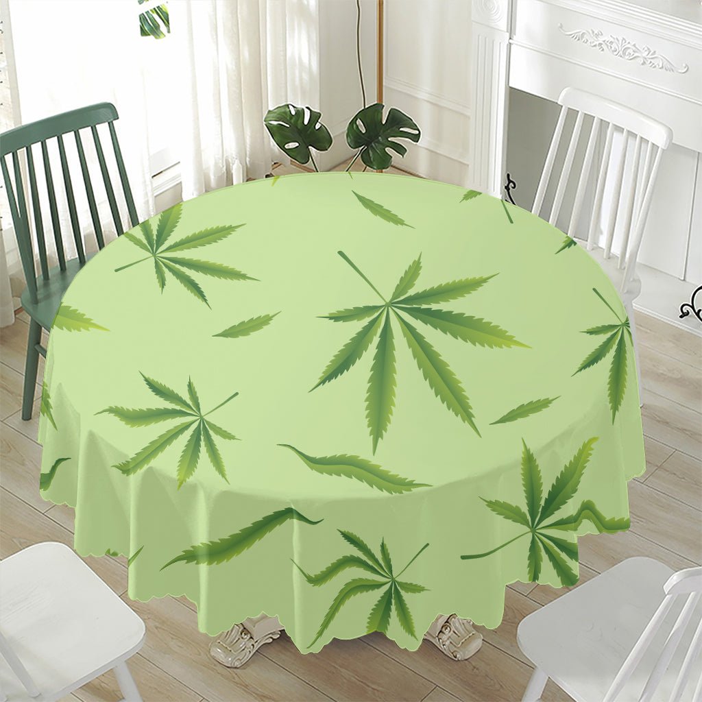 Green Hemp Leaves Pattern Print Waterproof Round Tablecloth