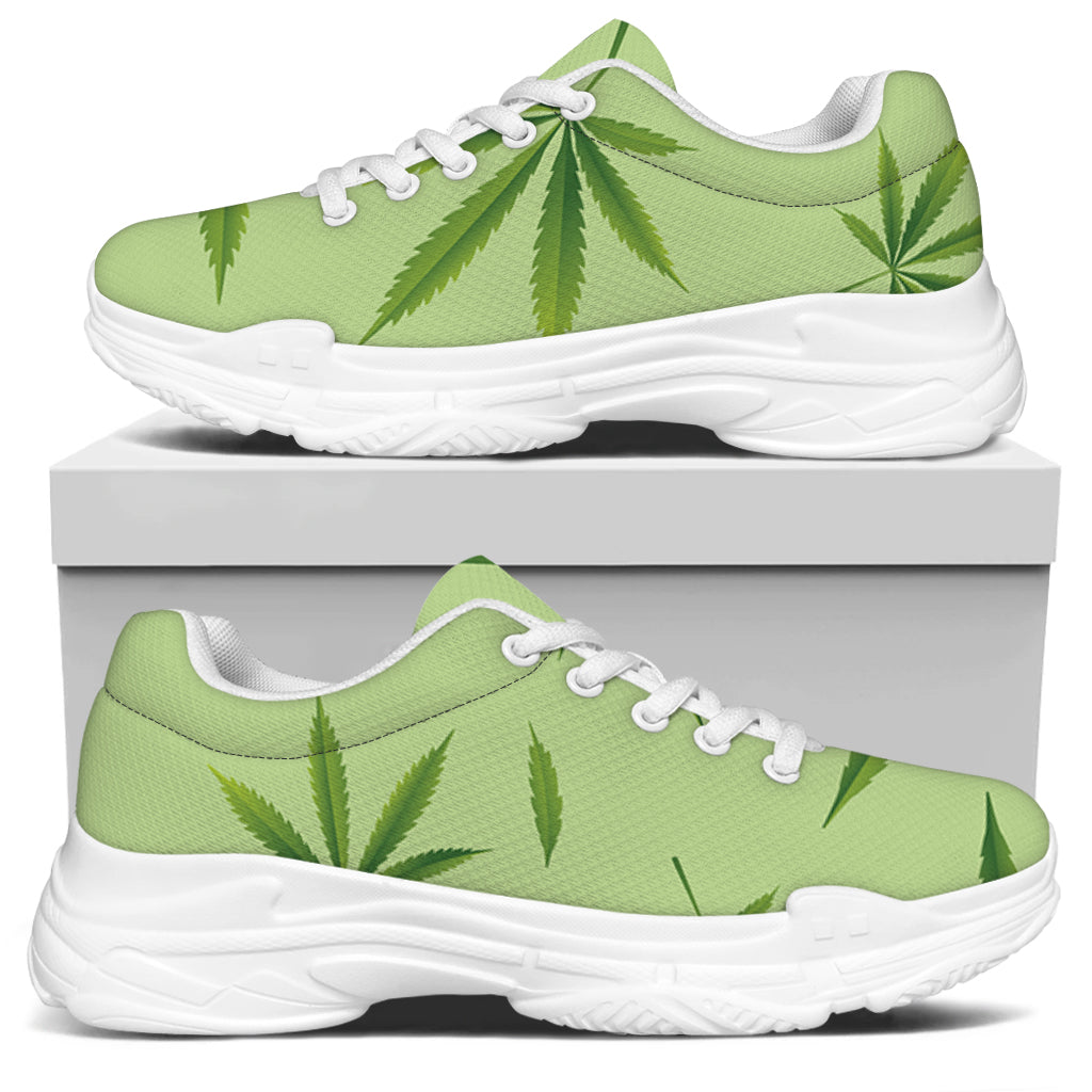 Green Hemp Leaves Pattern Print White Chunky Shoes