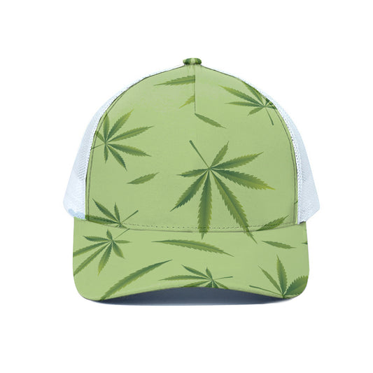 Green Hemp Leaves Pattern Print White Mesh Trucker Cap
