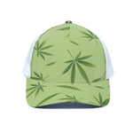 Green Hemp Leaves Pattern Print White Mesh Trucker Cap