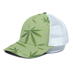 Green Hemp Leaves Pattern Print White Mesh Trucker Cap