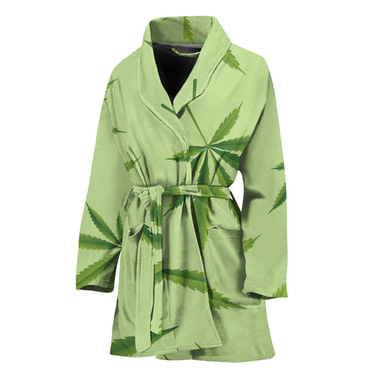 Green Hemp Leaves Pattern Print Women's Bathrobe