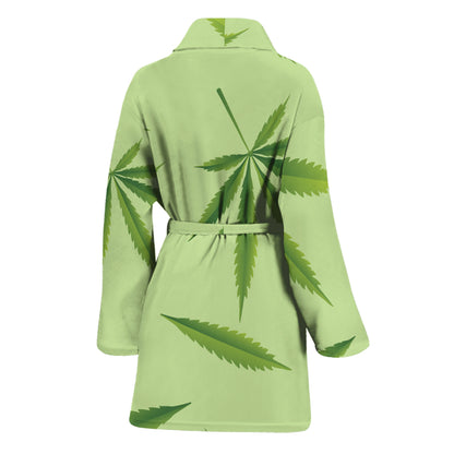 Green Hemp Leaves Pattern Print Women's Bathrobe